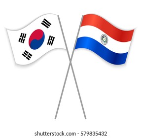 South Korean and Paraguayan crossed flags. South Korea combined with Paraguay isolated on white. Language learning, international business or travel concept.