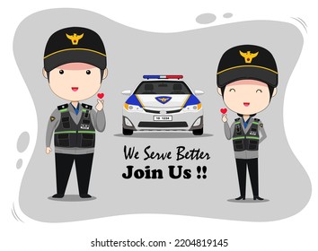 South korean police officer cartoon vector for commercial advertisement. Translation on vest"police". 