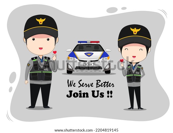 South korean police\
officer cartoon vector for commercial advertisement. Translation on\
vest\