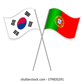 South Korean and Portuguese crossed flags. South Korea combined with Portugal isolated on white. Language learning, international business or travel concept.
