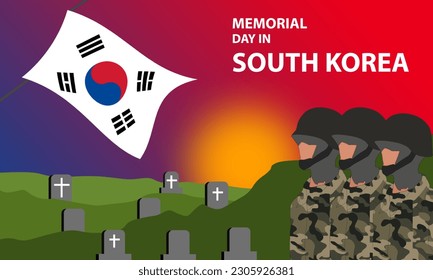 Soldados surcoreanos marchando con fotos de tumbas de guerreros o homenaje al cementerio de los valientes soldados y texto en negrita conmemorando el Día de la Memoria en Corea del Sur el 6 de junio