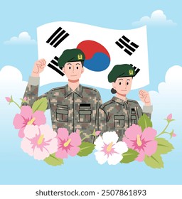 South Korean soldiers are smiling. South Korean flag on background.