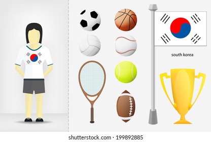 South Korean sportswoman with sport equipment collection vector illustration