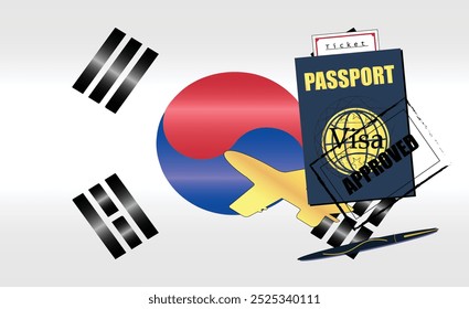 South Korean Travel Documentation Concept with blue Passport and South Korea Flag. Approved Stamp. Airplane and Traveling Tickets. Ideal for Immigration Tourism and Traveling Themes. Vector EPS