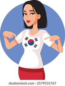 
South Korean Woman Pointing to Shirt Flag Vector Character. Cheerful citizen showing national pride for her ethnicity