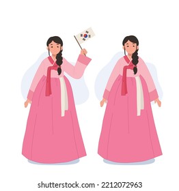 South Korean Woman In Traditional Dress, HANBOK. South Korean Woman Holding South Korean Flag. Vector Illustration.

