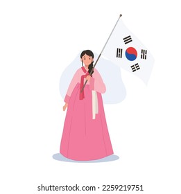 South Korean woman in traditional dress, HANBOK holding South Korean flag. Vector illustration.