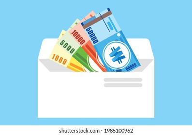 South Korean Won all Banknotes  Money in one envelope vector icon. South Korea Business, Payment and Finance Element. Can be used for Digital and Printable Infographic.