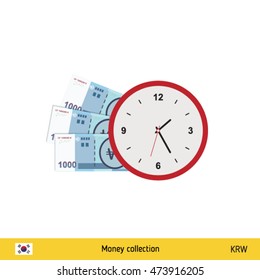 South Korean won banknote. Time is money concept vector illustration.