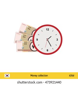 South Korean won banknote. Time is money concept vector illustration.