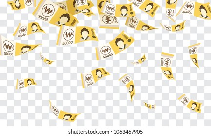 South Korean won banknotes falling on fake transparent background. KRW currency vector illustration.