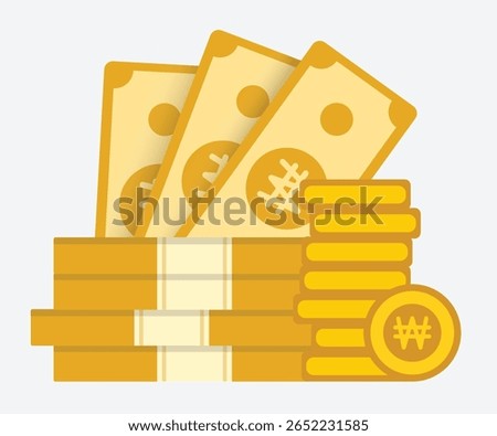 South Korean won cash bundle and stacked coin currency flat vector design, best for banking, finance, and forex apps
