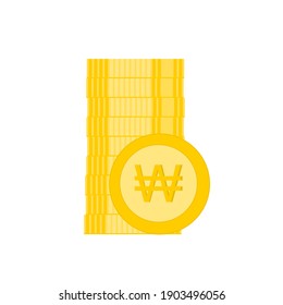 South Korean Won coin standing near of stacked gold coins. 