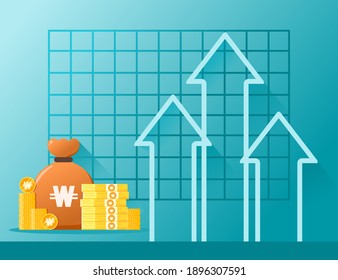 South Korean Won Exchange Rate Stock Market Value Price Increase Up Vector Icon Logo Design. South Korea Currency, Finance, and Economy Element. Can be used for Digital and Printable Infographic