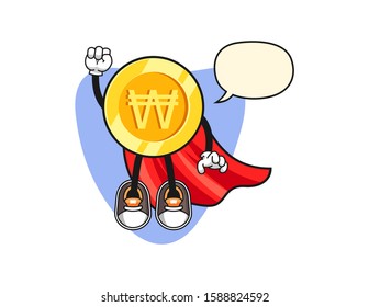 South korean won gold coin super hero with speech bubble cartoon. Mascot Character vector.