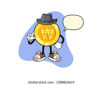 South korean won gold coin secret agent with speech bubble cartoon. Mascot Character vector.