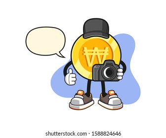 South korean won gold coin photographer with speech bubble cartoon. Mascot Character vector.