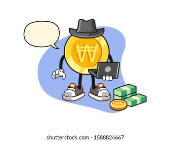 South korean won gold coin hacker with speech bubble cartoon. Mascot Character vector.