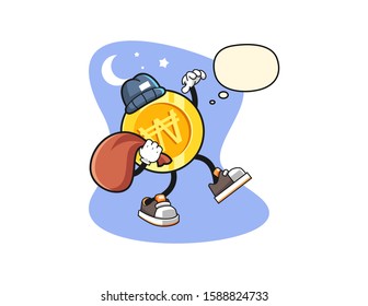 South korean won gold coin thief with thought bubble cartoon. Mascot Character vector.