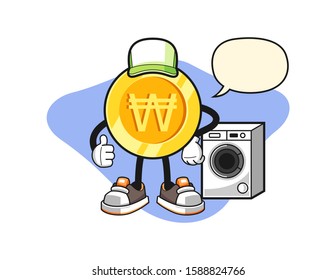South korean won gold coin laundry man with speech bubble cartoon. Mascot Character vector.