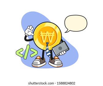 South korean won gold coin developer with speech bubble cartoon. Mascot Character vector.