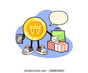 South korean won gold coin online shopping with speech bubble cartoon. Mascot Character vector.