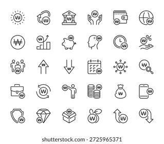 Conjunto de iconos won de Corea del Sur. Moneda, dinero, finanzas, ahorros, efectivo, red financiera, banco, bolsa de dinero, crecimiento, hucha, billetera, iconos de ganancias. Ilustración vectorial. Aislado en un fondo blanco.