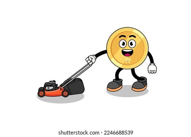 south korean won illustration cartoon holding lawn mower , character design
