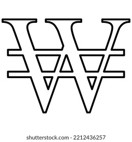 South Korean won KRW currency sign black outline front view isolated on white background. Currency of the Republic of Korea. Vector design element.