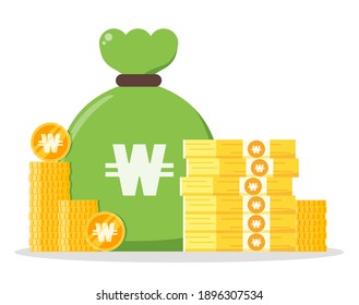 South Korean Won Money Bundle and Coin Stack Sack Bag Vector Icon Logo and Design. South Korea Currency Business, Payment and Finance Element. Can be used for Digital and Printable Infographic.