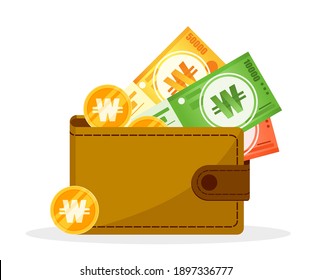 South Korean Won Money and Coin in a Wallet Vector Illustration Flat Design. South Korea Payment and Finance Element. Can be used for Digital and Printable Infographic.