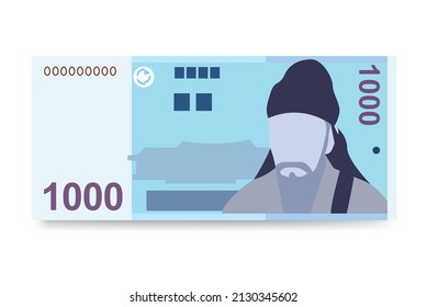 South Korean Won Vector Illustration. South Korea money set bundle banknotes. Paper money 1000 KRW. Flat style. Isolated on white background. Simple minimal design.