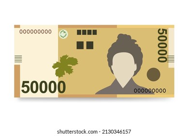 South Korean Won Vector Illustration. South Korea money set bundle banknotes. Paper money 50000 KRW. Flat style. Isolated on white background. Simple minimal design.