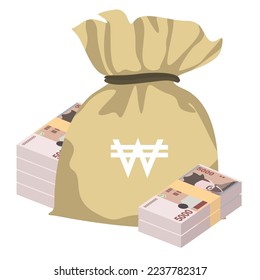 South Korean Won Vector Illustration. South Korea money set bundle banknotes. Money bag 5000 KRW Flat style. Isolated on white background. Simple minimal design.