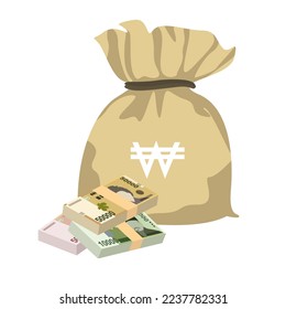 Ilustración del Vector Surcoreano Ganado. Dinero surcoreano conjunto de billetes. Bolsa de dinero 5000, 1000, 50000 KRW de estilo plano. Aislado sobre fondo blanco. Diseño sencillo y mínimo.