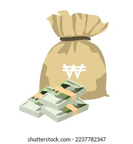 South Korean Won Vector Illustration. South Korea money set bundle banknotes. Money bag 10000 KRW Flat style. Isolated on white background. Simple minimal design.