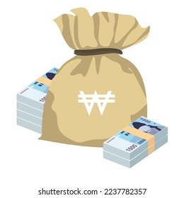 South Korean Won Vector Illustration. South Korea money set bundle banknotes. Money bag 1000 KRW Flat style. Isolated on white background. Simple minimal design.
