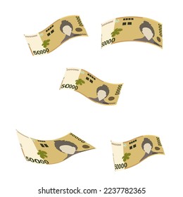 South Korean Won Vector Illustration. South Korea money set bundle banknotes. Falling, flying money 50000 KRW Flat style. Isolated on white background. Simple minimal design.