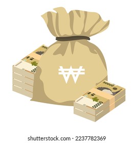 South Korean Won Vector Illustration. South Korea money set bundle banknotes. Money bag 50000 KRW Flat style. Isolated on white background. Simple minimal design.