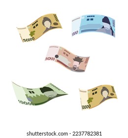 South Korean Won Vector Illustration. South Korea money set bundle banknotes. Falling, flying money 1000, 5000, 10000, 50000 KRW Flat style. Isolated on white background. Simple minimal design.