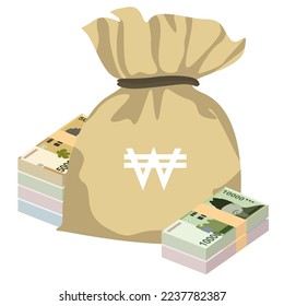 South Korean Won Vector Illustration. South Korea money set bundle banknotes. Money bag 1000, 5000, 10000, 50000 KRW Flat style. Isolated on white background. Simple minimal design.