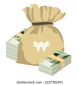 South Korean Won Vector Illustration. South Korea money set bundle banknotes. Money bag 10000 KRW Flat style. Isolated on white background. Simple minimal design.