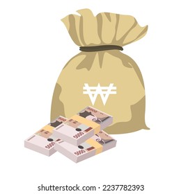 Ilustración del Vector Surcoreano Ganado. Dinero surcoreano conjunto de billetes. Bolsa de dinero 5000 KRW de estilo plano. Aislado sobre fondo blanco. Diseño sencillo y mínimo.