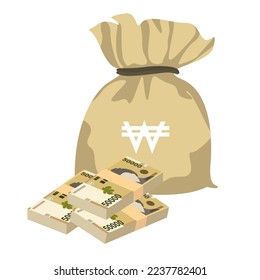 South Korean Won Vector Illustration. South Korea money set bundle banknotes. Money bag 50000 KRW Flat style. Isolated on white background. Simple minimal design.