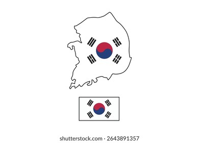 South Koreas flag, outline, and map merge in a vibrant design. Suitable for travel blogs, geography books, and educational posters.