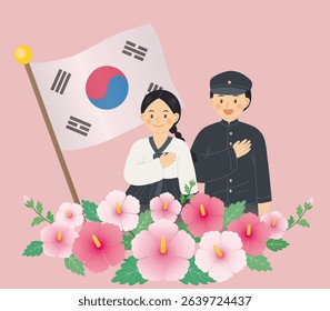South Korea's National Day Illustration of Men and Women Saluting the Flag and 
Rose of Sharon