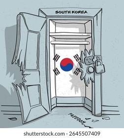 O caminho da liberdade na Coreia do Sul. Ilustração política de uma porta quebrada, mas trancada, com a bandeira nacional. Uma metáfora para luta e esperança.