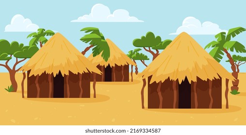 Paisaje sur con chozas africanas y árboles de estilo plano, ilustración vectorial. Edificios marrones con techos de paja amarillos, viviendas tradicionales, nubes en el cielo