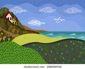 South landscape with colorful hills, mountains and sea. Vector illustration with variety of different textures. Cute childish style.