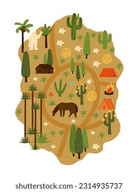 South national park vector fantasy map, a wild west camping map landscape with touristic tents, bonfire, cactuses, horse, a wooden ranger house, exotic south plants and trees, a cute yeti in the woods